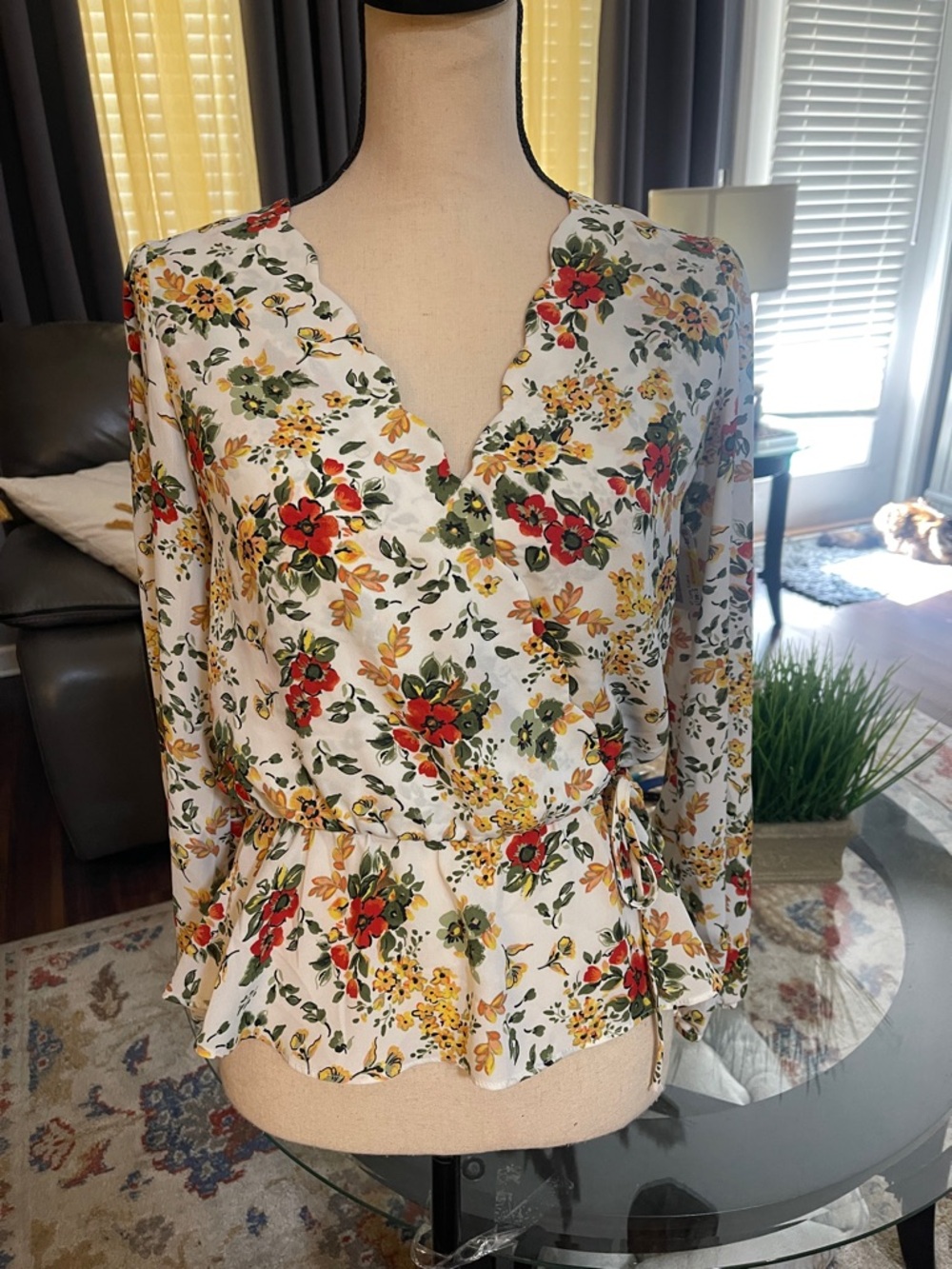 nine britton White Floral Wrap Peplum Blouse with Red & Yellow Flowers